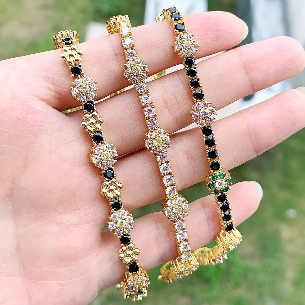2025 Spring New Design Colorful Flower Charm White Black Rainbow CZ Tennis Chain Bracelet Women Fashion Jewelry