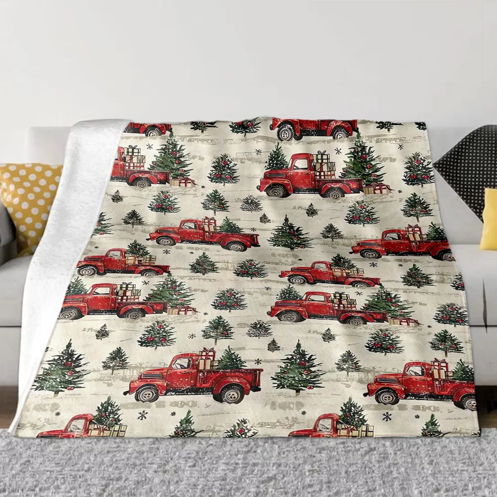 Festive Vintage Red Trucks Christmas Throw Blanket - Classic Trucks & Trees Design, Suitable for Sofa, Bedroom, Christmas Gift