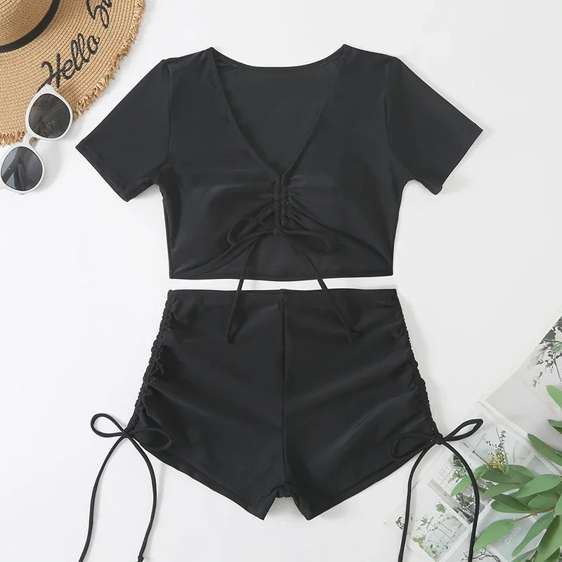 Black Drawstring Swimwear Bikinis Sets Mujer 2025 Crop Top Shorts Bottom Swimsuit Women Sexy Bathing Suit Beachwear Bikini Swim