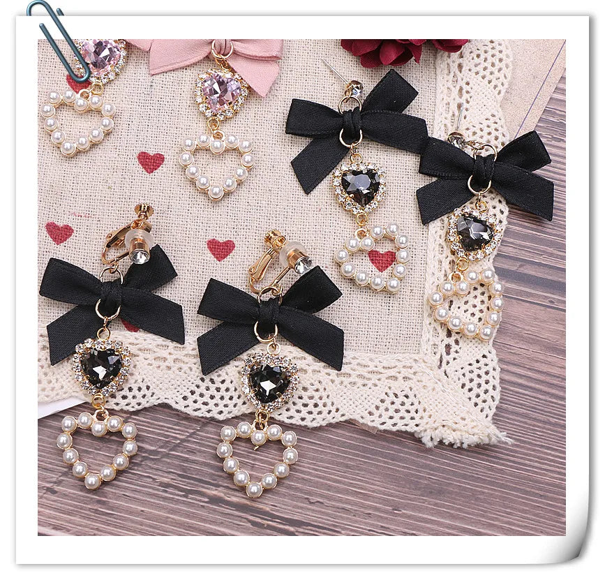 Japanese Style Lolita Sweet Bownot Rhinestone Pearl Heart Shaped Drop Earrings 925 Silver Pin Ear Clip Women Girls Earrings