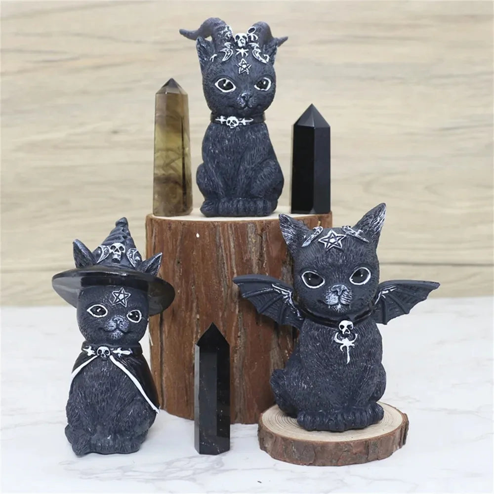 1PC Black Cat Statue Witch Gothic Decor Hand Painted Sculpture Halloween Desk Ornament Mysterious Cute Figurine Home Decor