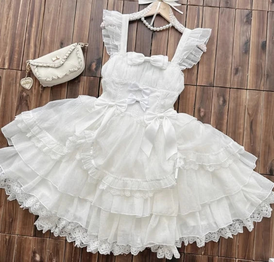 Original Design New Summer Lolita Dress Women's Sweet Flower Wedding Lace Bowknot JSK Sling Dress Black and White Princess Dress