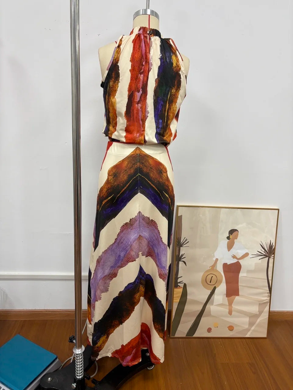 Painterly Print Satin Co-ord Set Sleeveless High Neck Crop Top Slim Fit Maxi Skirt Women's Elegant Chic Party Evening Outfit