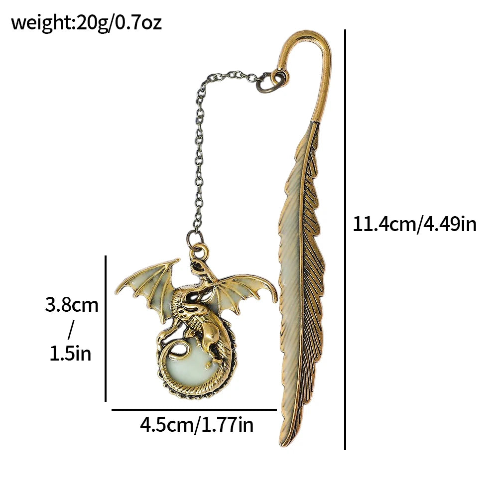 Vintage Feather Dragon Metal Bookmarks Unique Luminous Dragon Pendant Charms for Book Lovers Cool Bookmark Gifts School Supplies