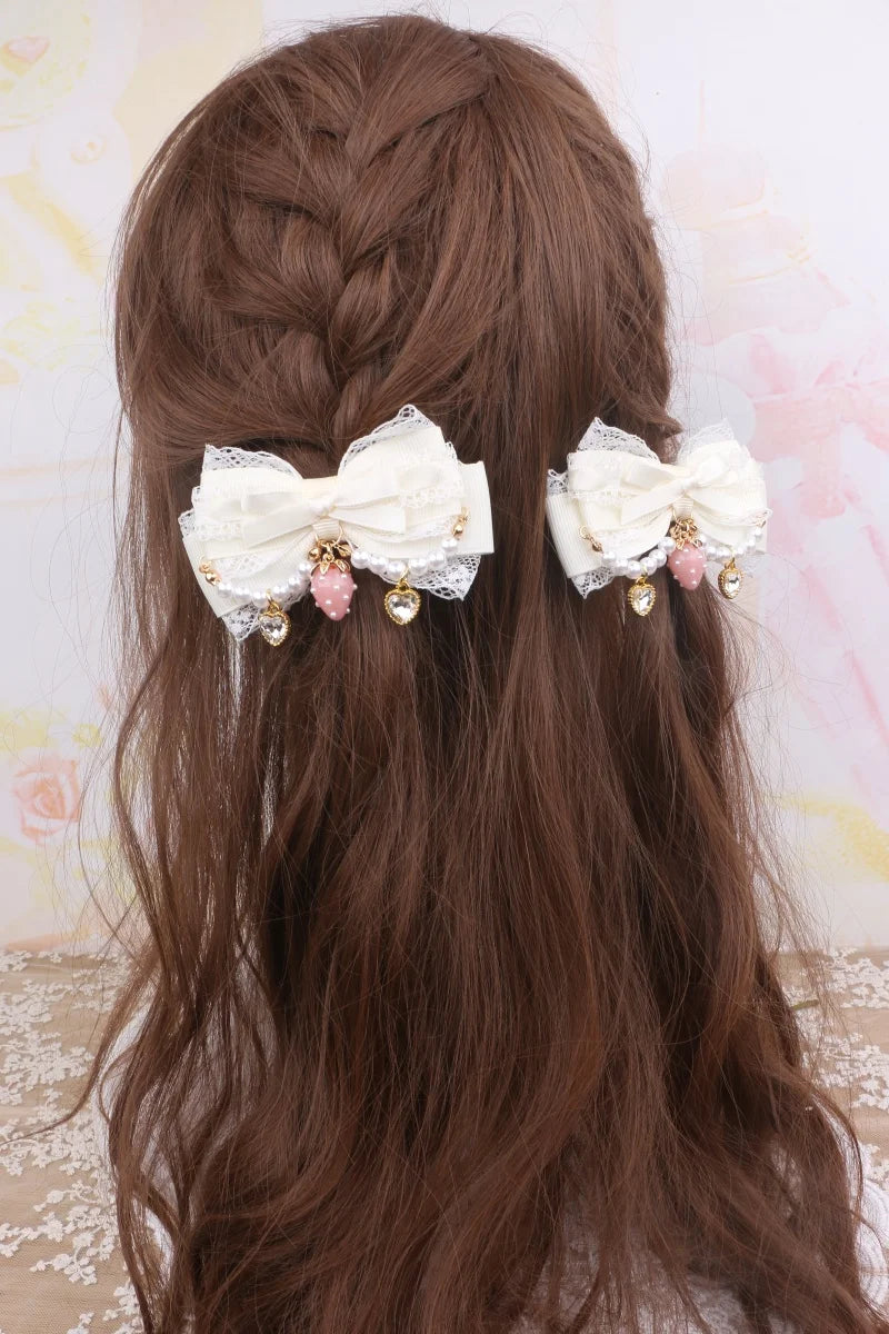 Larme Kei Lace Hair Clips Sweet Girl's Beaded Bow Heart Rhinestone Hair Bows Lolita Strawberry Hair Accessories Gift