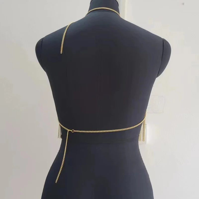 Shiny Body Chain Tank Top for Women Metallic Shining Detail Fringe Trim Halter Harness Bra Chain Festival Party Outfits Tops