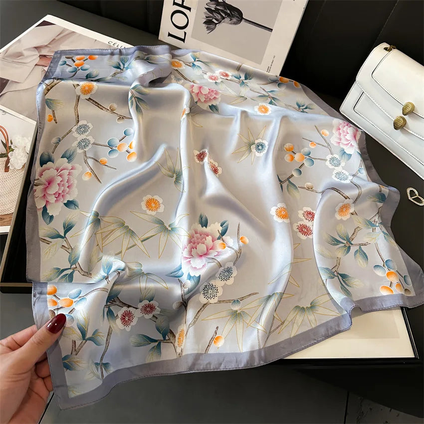 Imitated Silk Headcloth Fashion Flower Print Square Shawls Popular 70X70cm Bandanna Kerchief Sun Protection Silk Scarves Tie Bag
