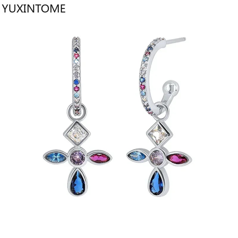 Colorful Crystal Earrings 925 Sterling Silver Ear Needle Stud Earrings for Women Cross Dangle Earrings Party Wedding Jewelry