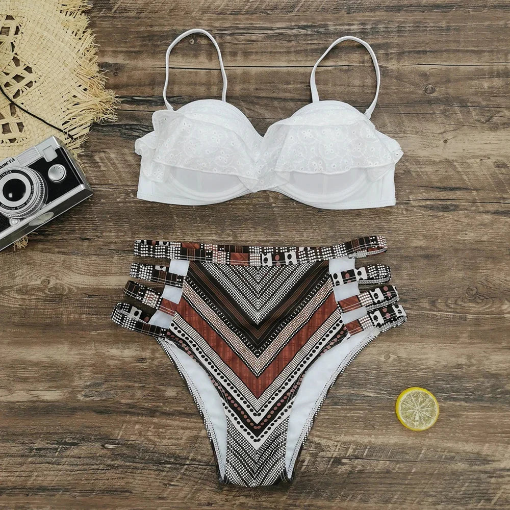 2024 Sexy Leaf Print Bikini Female Swimsuit Women Swimwear Thong Push Up Bikinis Set High Waist Swimming Suits for Bathing Suit