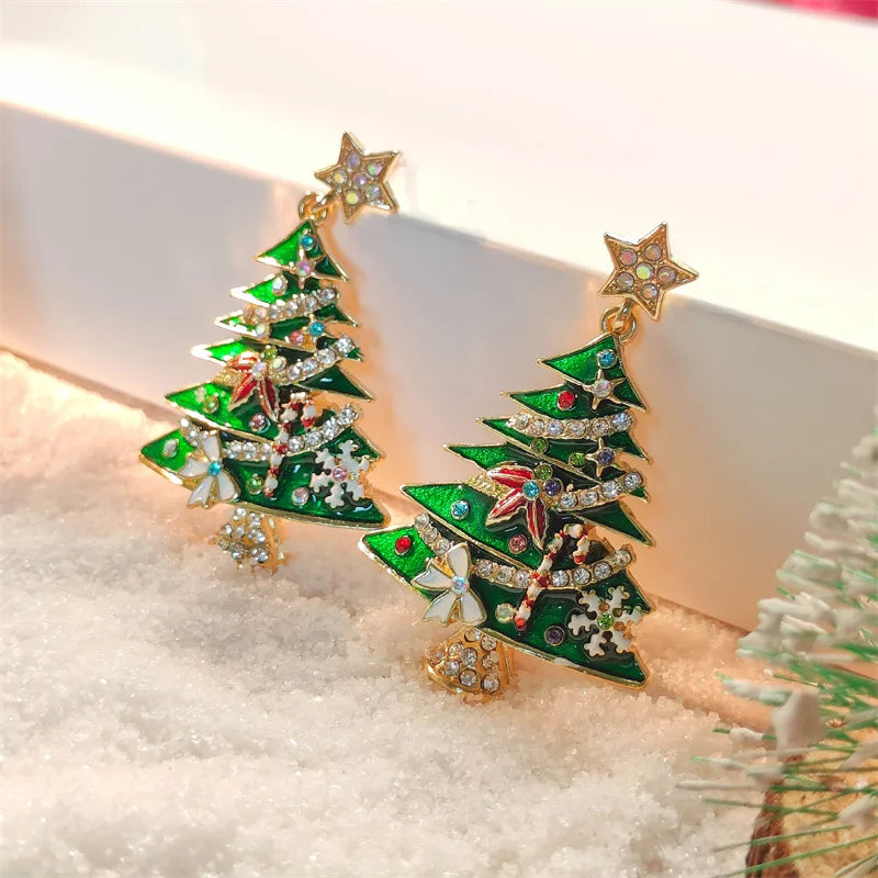 Green Christmas Tree Zircon Crystal Star Earrings Stud For Women Dangle Xmas Party Jewelry Party Gift
