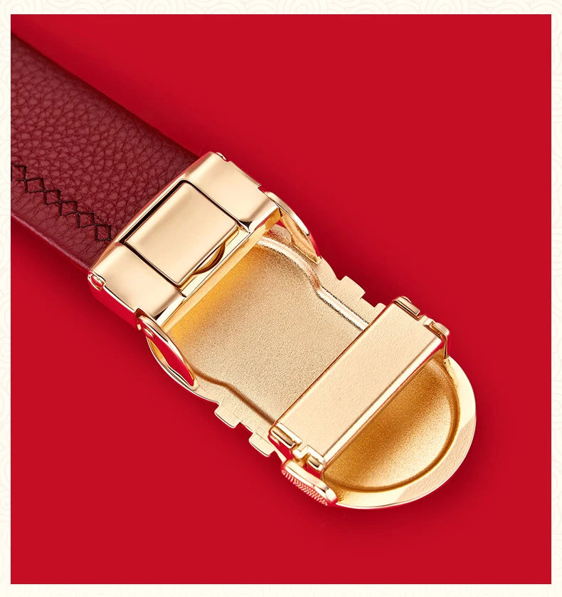 Genuine leather Chinese style men's belt, red belt, automatic buckle, personalized belt