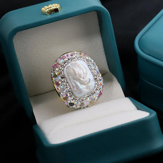 Baroque Pearl Inlaid Tourmaline Ring for Women Personalized Fashion Elegant Luxury Simple Ladies Banquet Exquisite JewelryGR0409