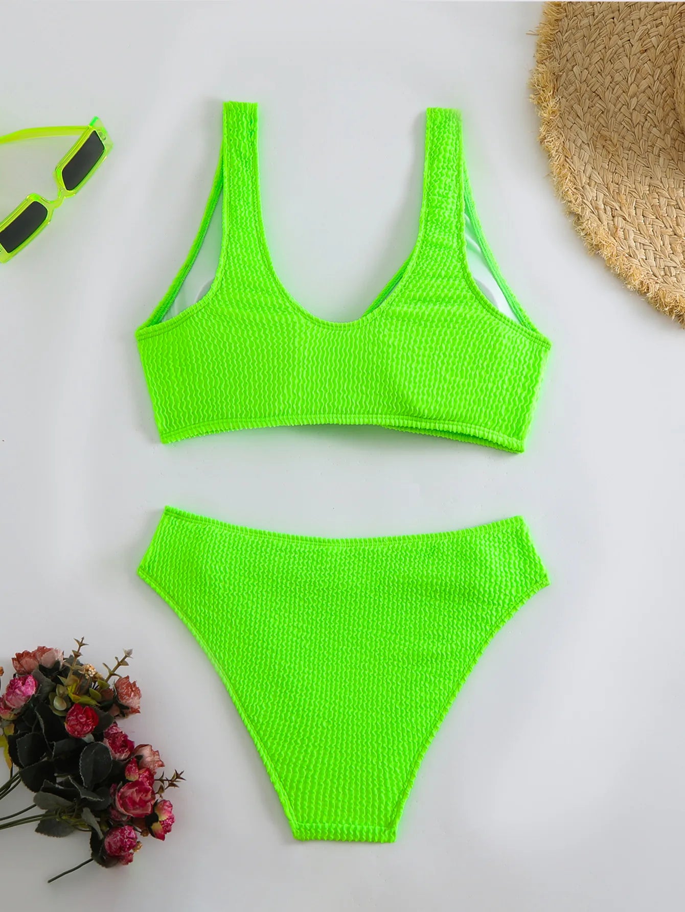 2025 Summer New Women's 2 Piece Swimsuit Solid Color High Waist Bikini Set V-neck Backless Beach Vacation Bathing Suit Swimwear