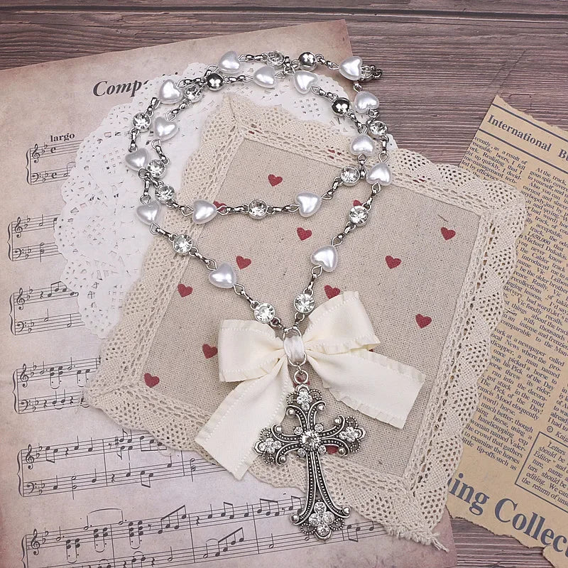 Lolita Style Accessories Beads Fashion Jewelry Handmade Necklace Rhinestone Cross Love Chain Long Necklace for Women