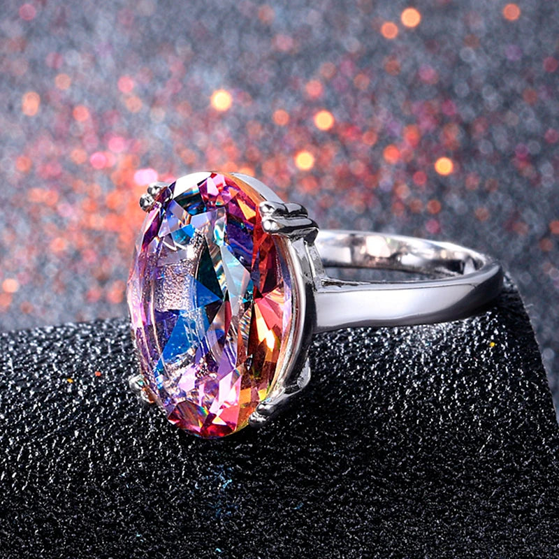 Fashion Big Oval AAAAA Zircon Rainbow Gemstone 13*18MM Multicolor Tourmaline Wedding Ring Bridal Jewelry Engagement Party Gift