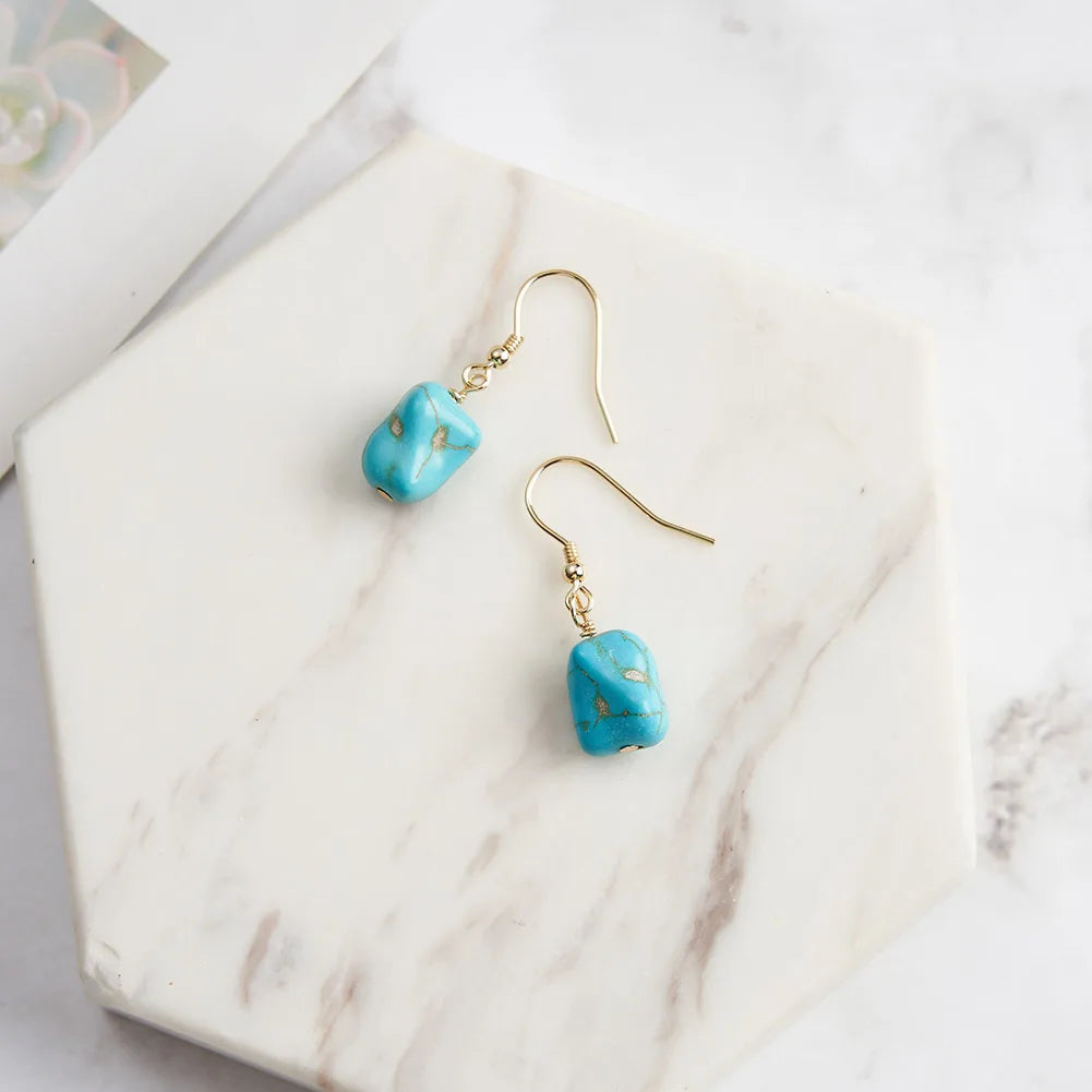 ORSA JEWELS 14K Gold 925 Sterling Silver Dangle Earrings Hand-picked Square Turquoise Drop Earring for Women Jewelry Gift GME45