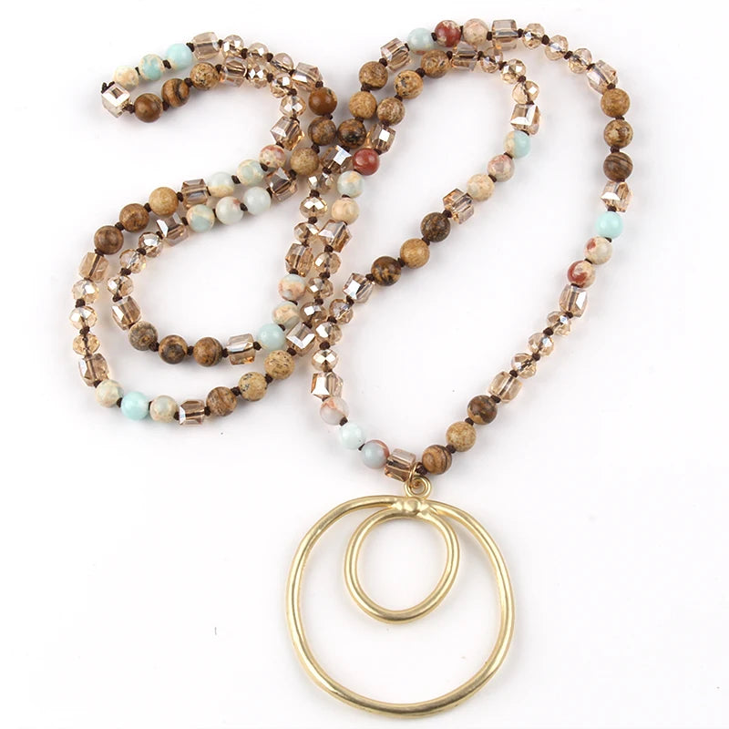 Fashion Bohemian Jewelry Accessory 6mm Stones/Crystal Knotted With Metal Round Pendant Necklaces Women Boho Gift