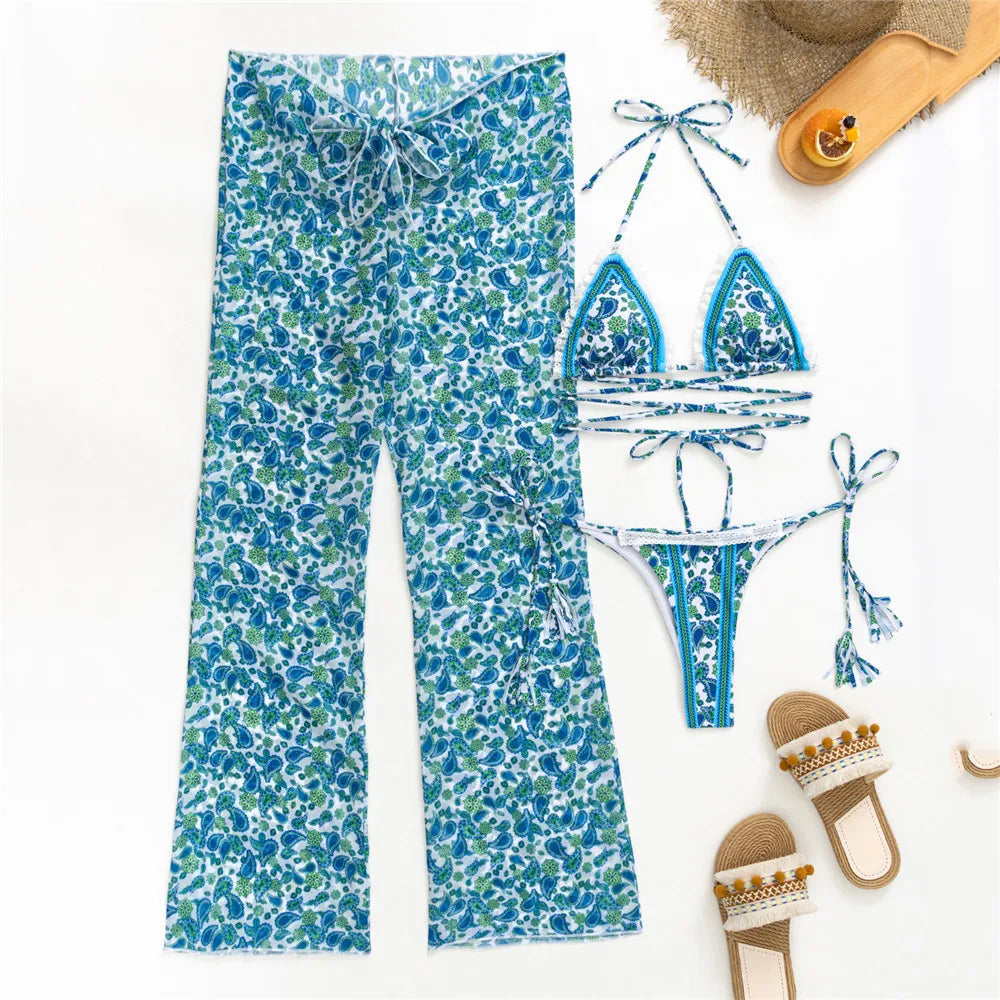 Sexy Floral Print Swimwear 3 Piece Bikini Set with Trousers Swimsuits Women 2025 Micro Thong Bikinis De Mujer Beach Wear Bather