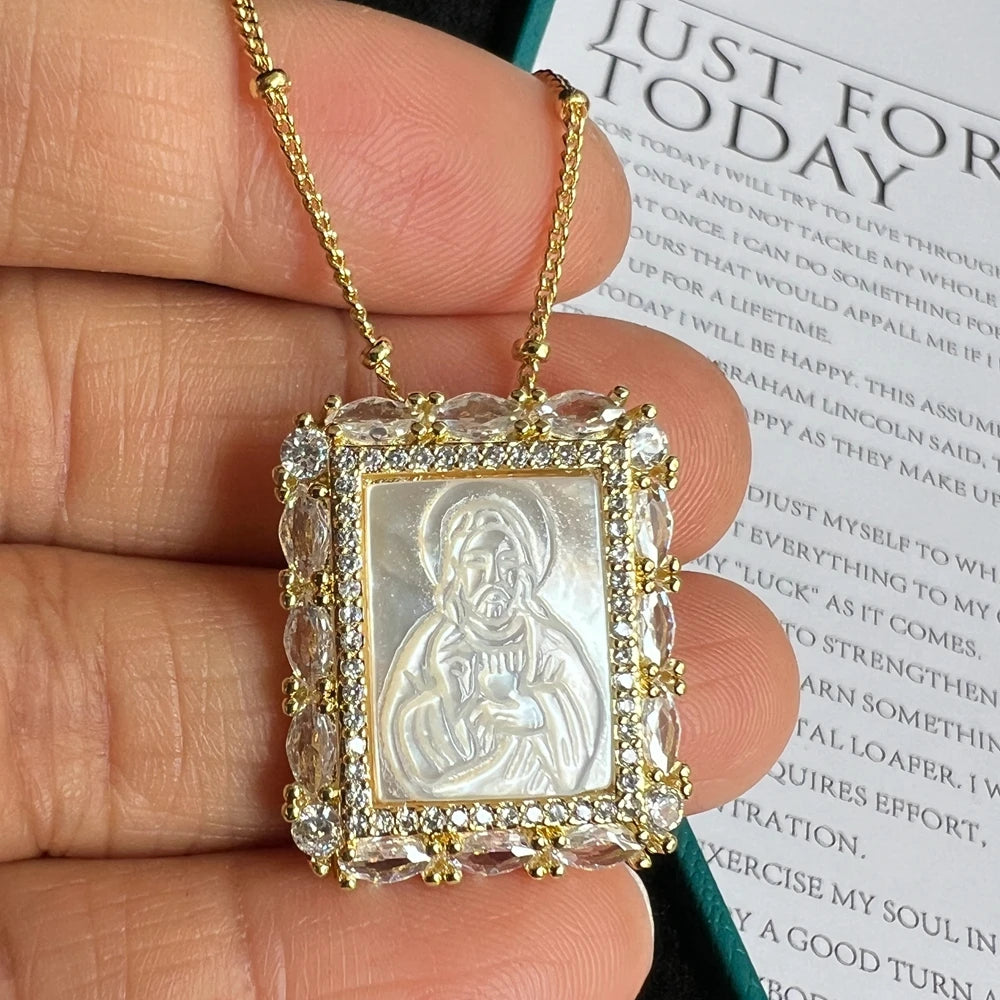 Natural Mother Pearl Shell Virgin Mary Guadalupe San Benito Charm Necklace Rectangle Religious Medals Necklace for Women & Gift