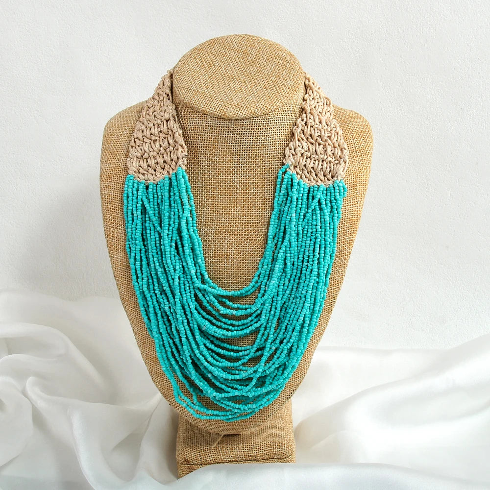 Western fashion retro Bohemian ethnic style exaggerated women's necklaces multiple layers hand woven rice bead wax rope necklace