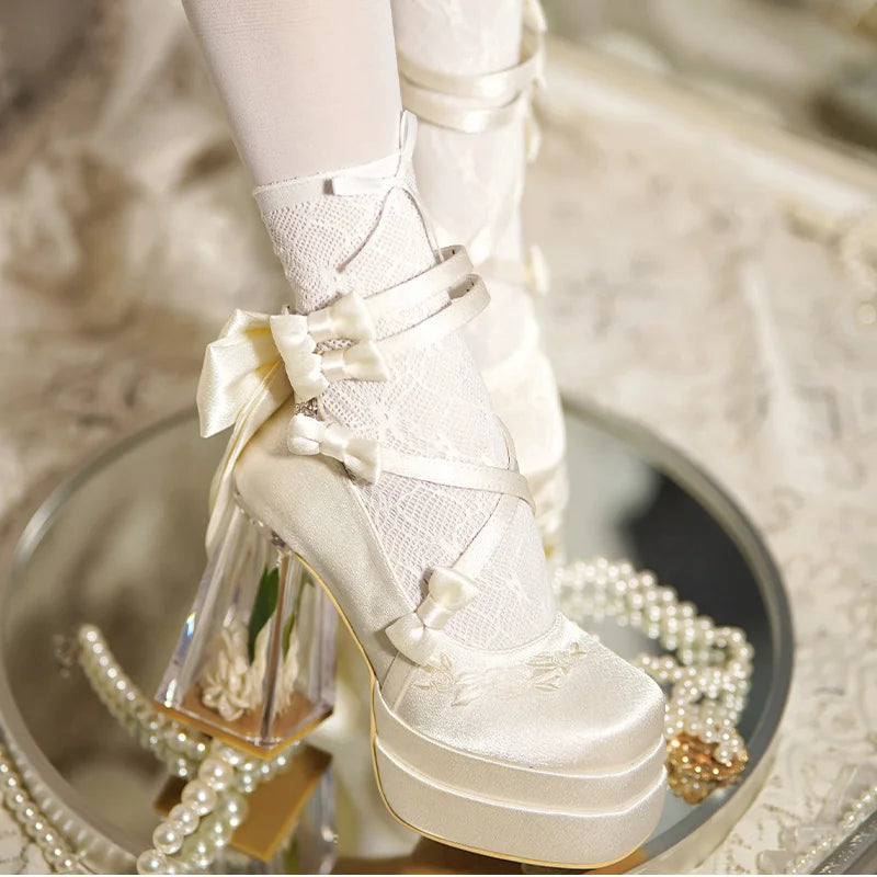 Original Lolita High Heels Elegant Ladies Camellia Embroidery Sweet Bow Satin Mary Jane Shoes Cos Shoes Women's Chunky Heels