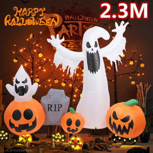 2.3M Halloween Pumpkin White Ghost Tombstone combination Built-in LED Lights Halloween Party Indoor Outdoor Inflatable Ornament