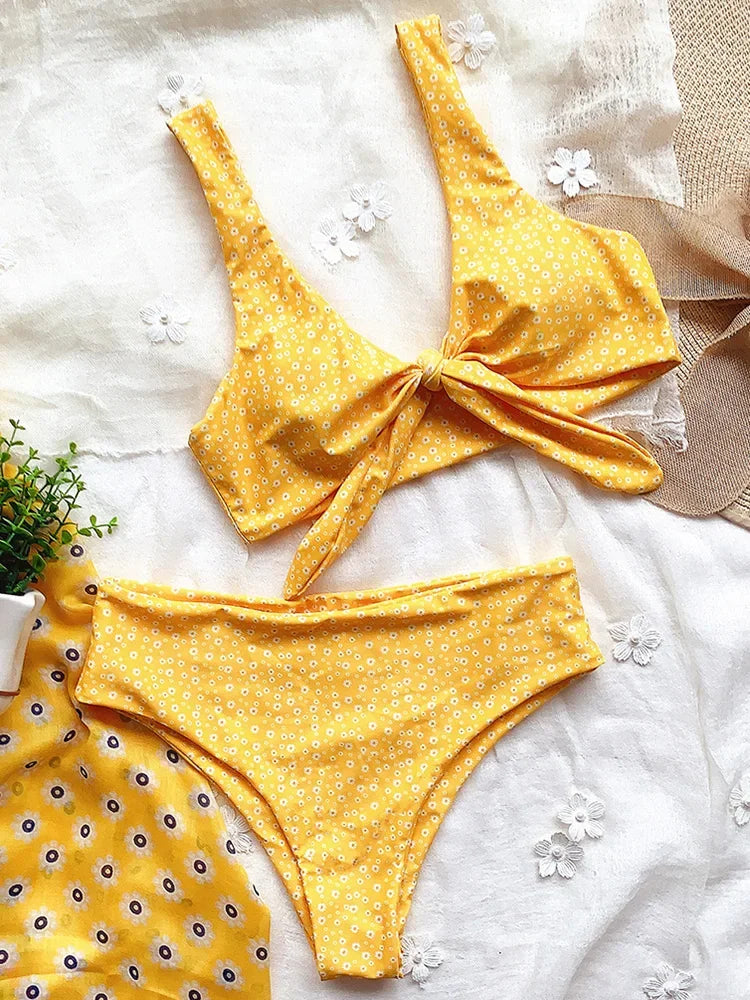 Sexy Front Knotted Bikinis Female Swimsuit High Waist Bikini Women Swimwear Two-pieces Bikini Set Bather Bathing Suit Swim Lady