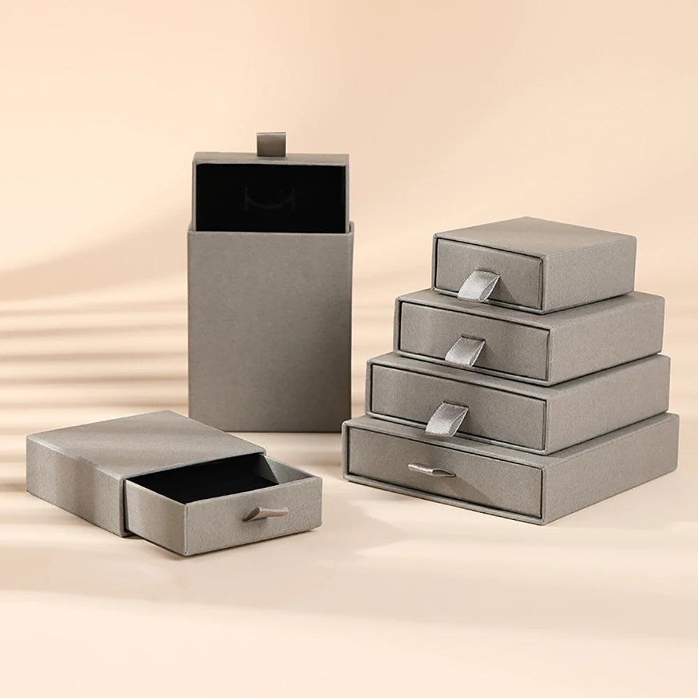 10 Bulk Luxury Hard Rigid Cardboard Sliding Jewellery Gift Box Beige Paper Drawer Jewelry Ring Stud Earring Packaging Boxes Case