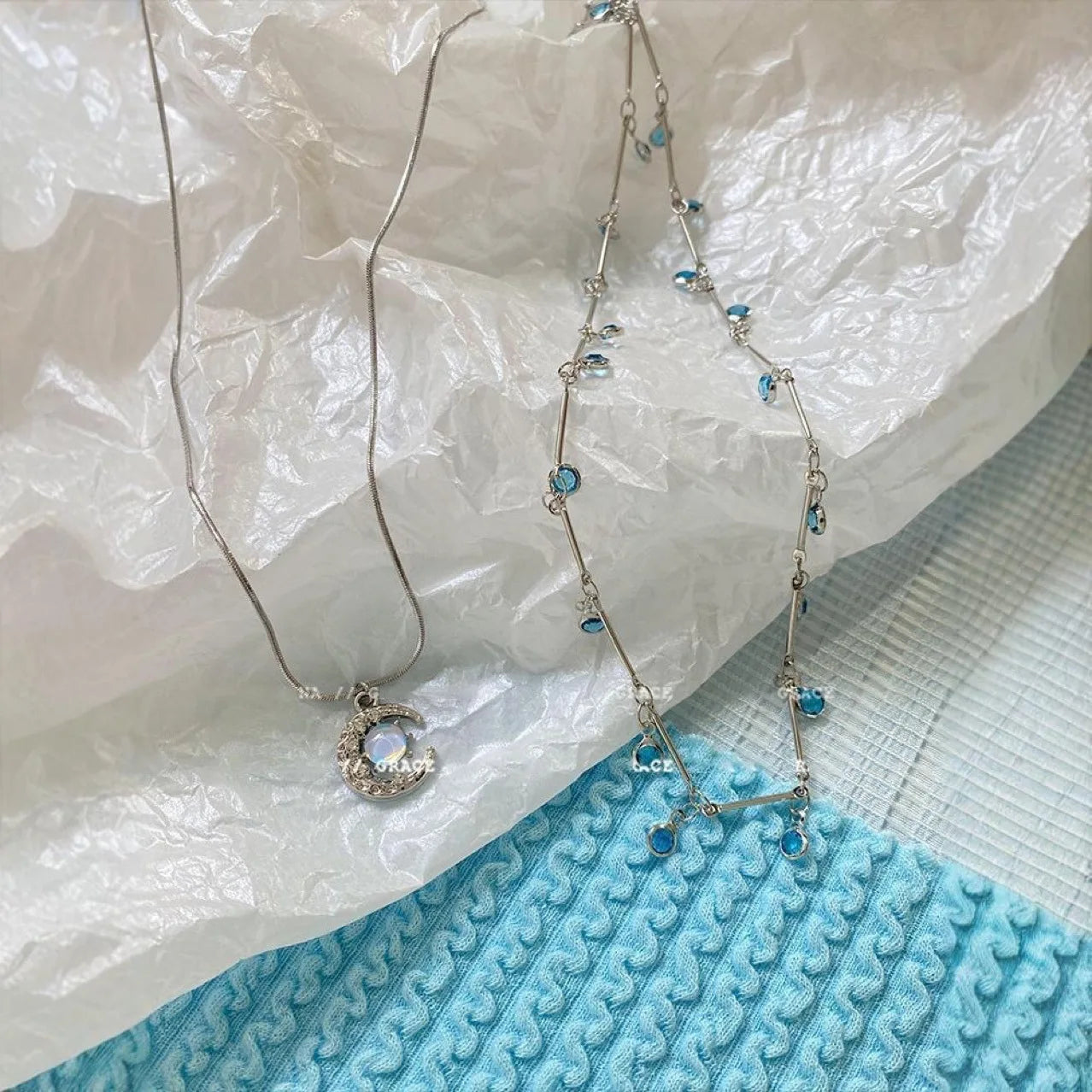 Double Layer Crystal Blue Moon Zircon Charm Square Pendant Necklace For Women Fashion Geometric Neck Chain Jewelry Gift