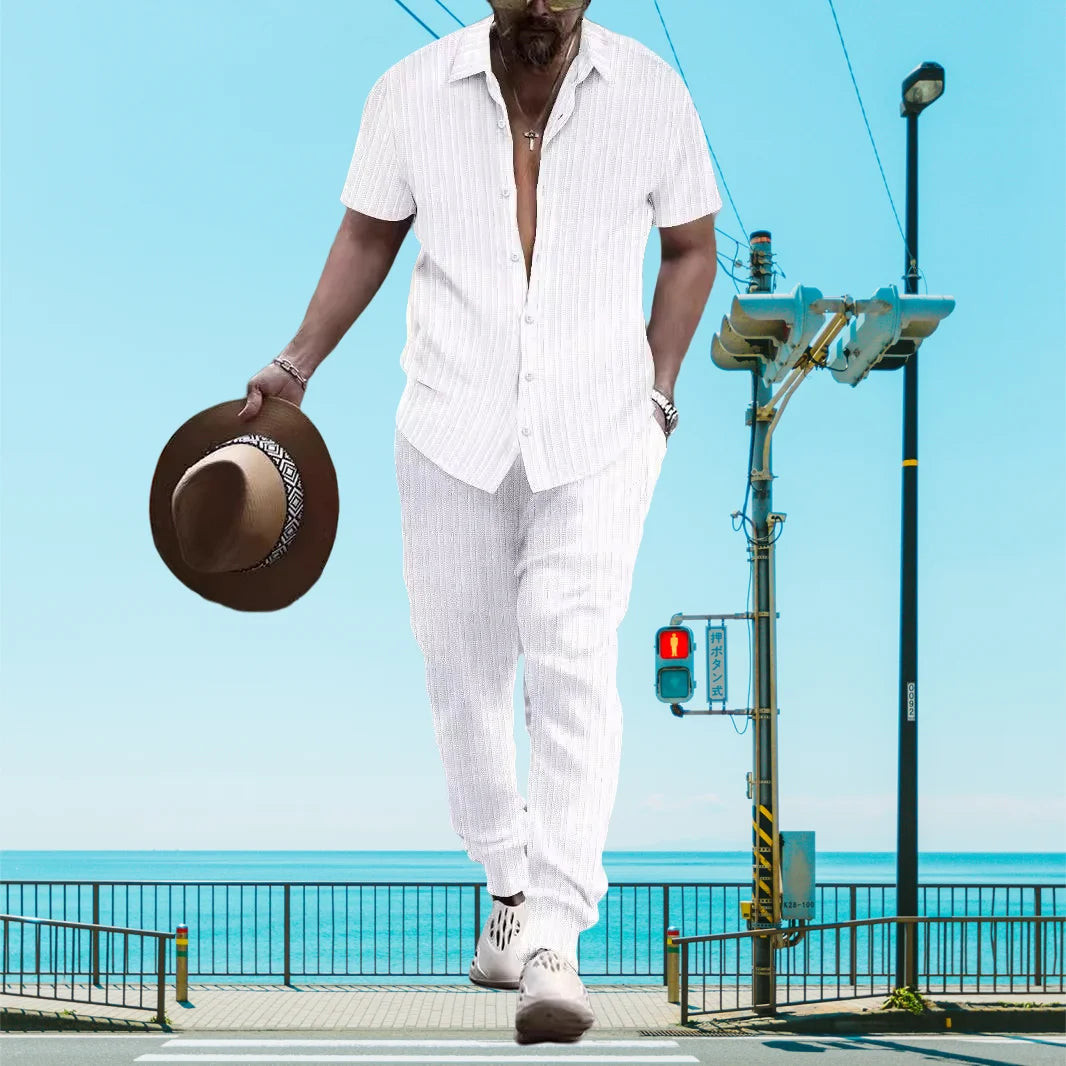 Ultra-thin Ultra-light Summer Men's Shirt Casual Loose Short Sleeve + Trousers Beach Suit Surf Casual Solid Color Lapel Suit