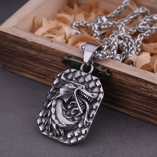 Vintage Vikings Animal Dragon Ouroboros Pendant Carved Scales Texture Stainless Steel Jewelry Scandinavian Amulet Necklace Gift