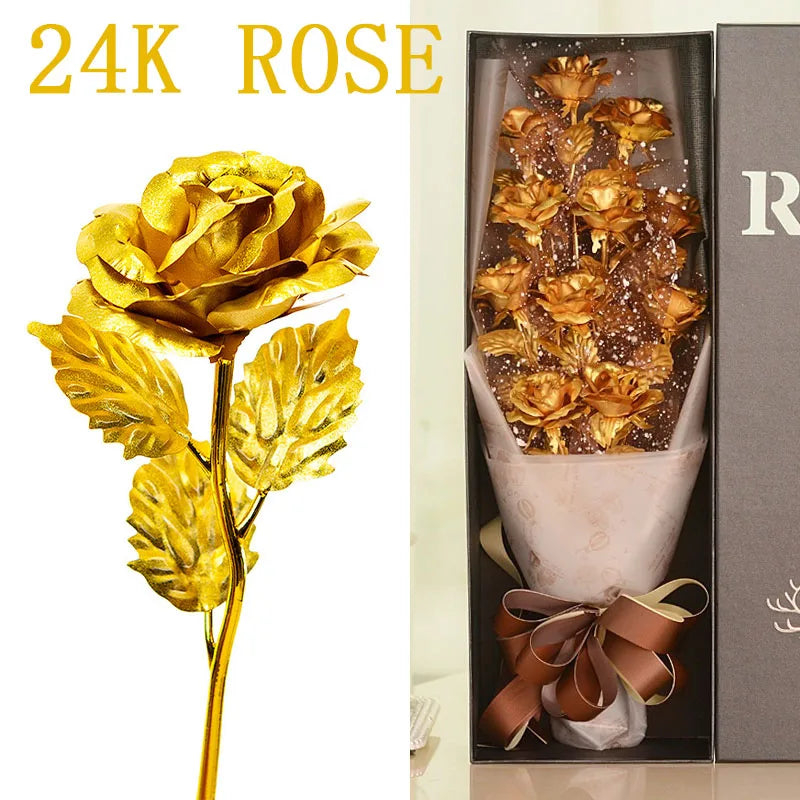 Artificial Rose Flowers 24K Foil Plated Rose Valentines Day Christmas Gift for Wife Mother Lasting Forever Love Golden Flower