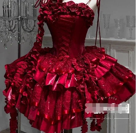 Original Lolita Dress New Christmas New Year Goth Red Fish Bone Jsk Dress Halloween Cosplay Dark Blue Slim Sling Short Dresses