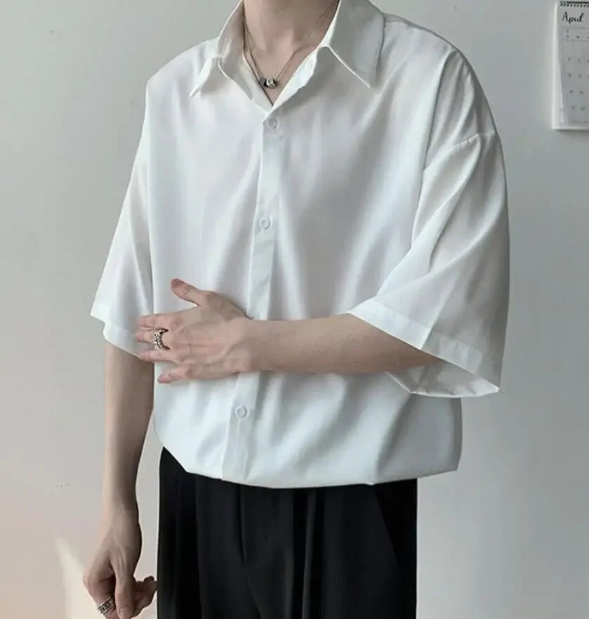 Clothes Short Sleeve Black Male Top Plain Men's Shirt And Blouse With Collar Korean Style Xxl Luxury Summer Original Silk Luxury