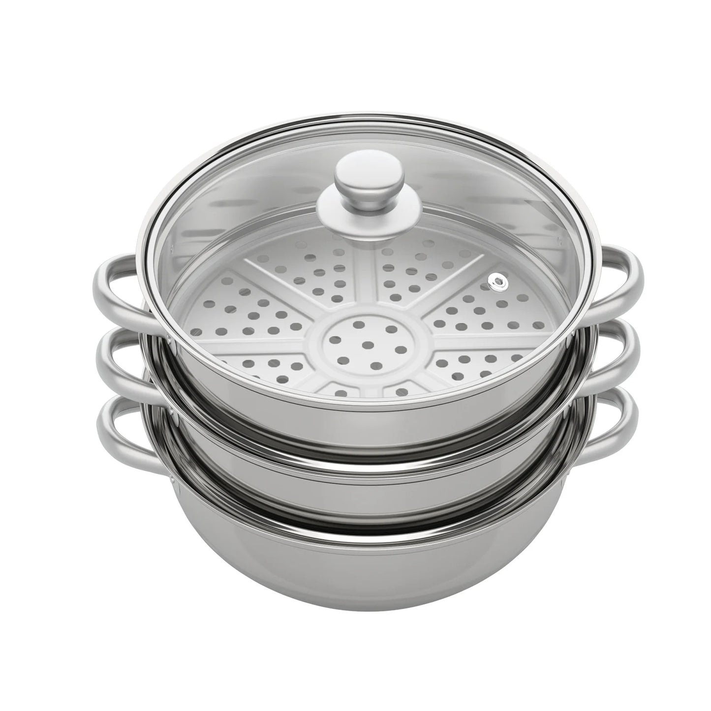3 Tiers Stainless Steel Steamer 28cm Overlapping Steaming Pot Cookware Kitchen Soup Steamer Cooker Set Silver with Glass Lid
