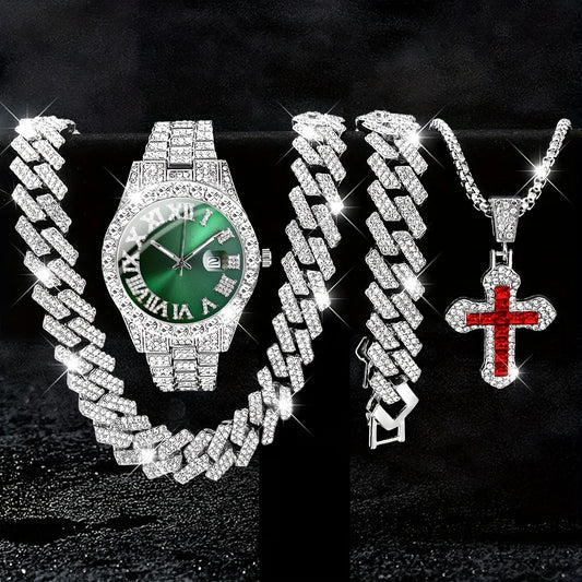 4 PCS Classic Luxury Men's Rhinestone Quartz Calendar Watch & Cross Jewelry Set