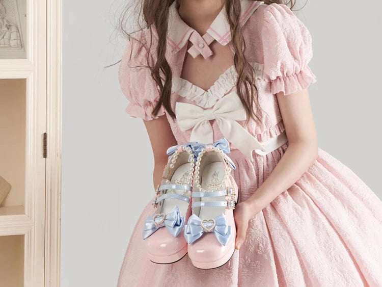 Lolita Shoes New Japanese Cute Round Head Pearl Bow Clips Leather Shoes Pumps Women Mary Jane Shoes High Heels Girls