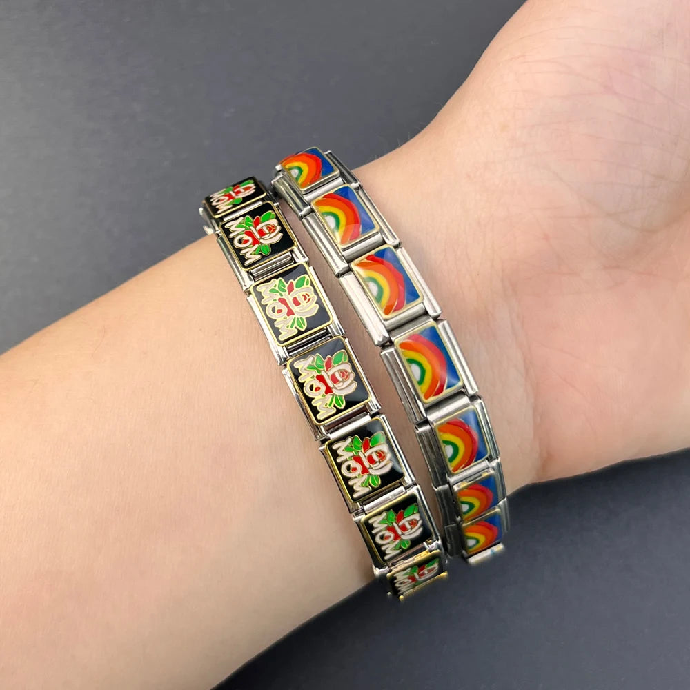 Rainbow Love Smile Italian Charm Bracelet Stainless Steel Elastic Hand Chain Link Making DIY Jewelry Gifts For Women Men Bangle