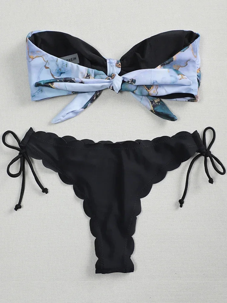 Sexy Scalloped Marble Print Bikini Women Bandeau Swimwear Female Swimsuit Two-pieces Bikini set Knotted Bather Bathing Suit Swim