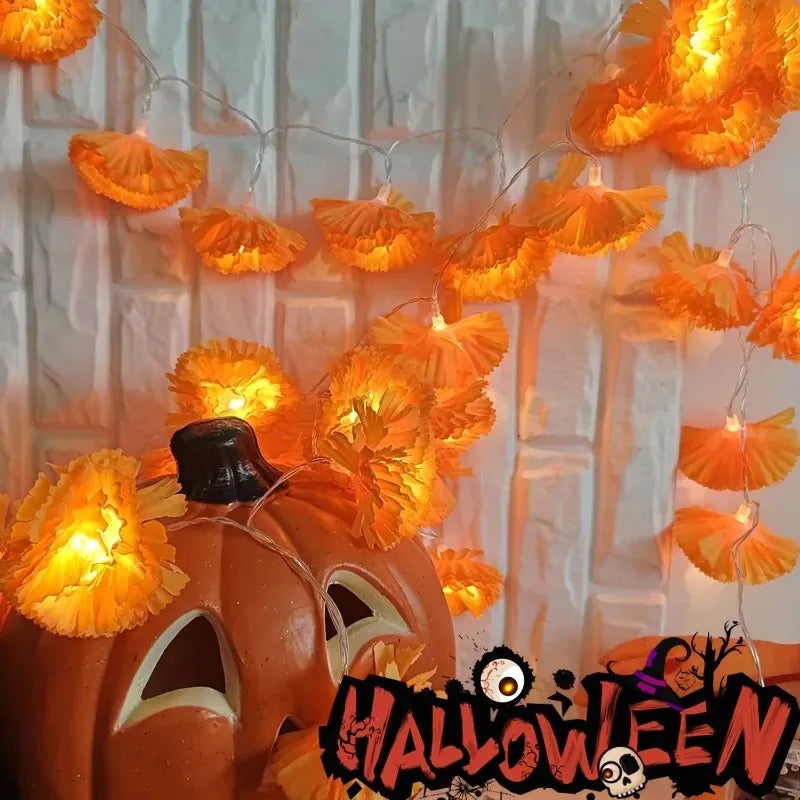 Marigold Flowers LED Light String Halloween Artificial Marigold Garland Battery Powered Lamp Halloween Outdoor Party Decorations