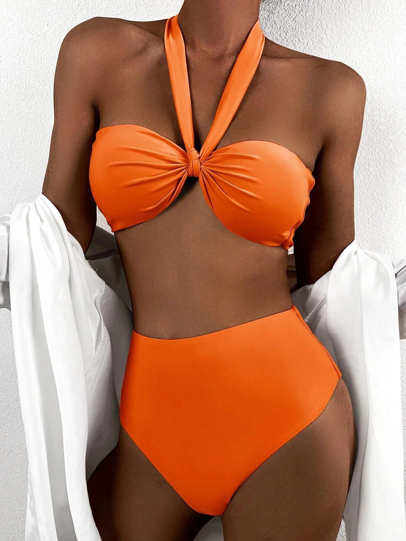 Sexy Front Bow Bikinis Sets Women Orange Blue Bandeau Push Up Two Piece Swimsuit 2025 Cut Out Bathing Suit High Waist Swimwear