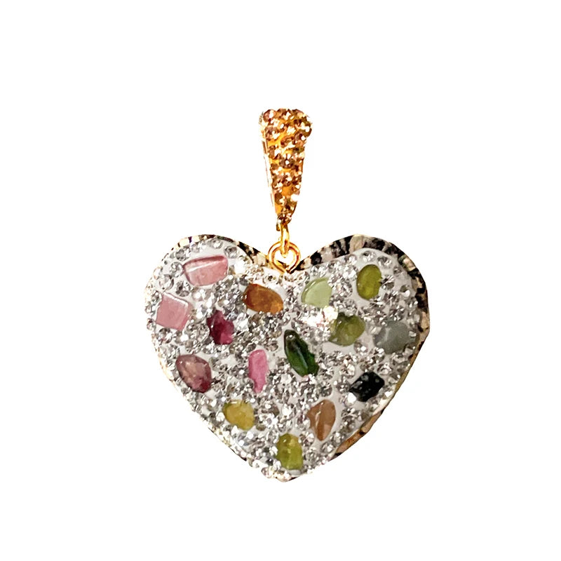 Micro Inlay Rainbow Tourmaline Heart Shape Pendant Jewelry for Women Girls Necklace Making with Clear Rhinestone