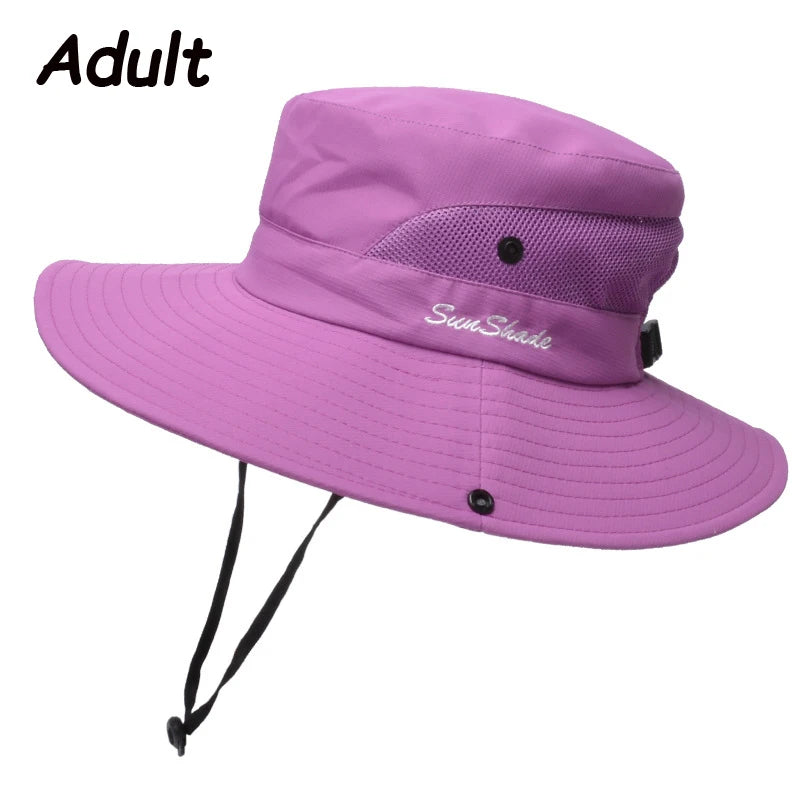 Women Summer Adjustable Bucket Hat with a Ponytail Hole Girls Sun Protection Hiking Cap Parent-child Outdoor Wide Brim Headgear