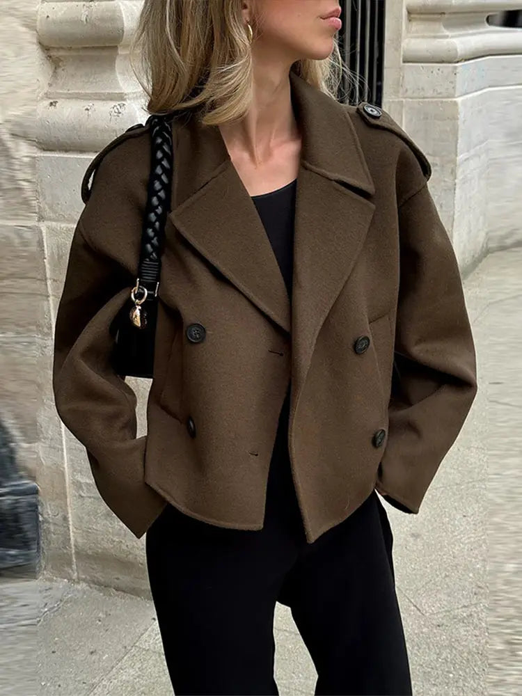 Elegant Woolen Long Coats Women Double-breasted Turn-down Collar Full Sleeves Jackets 2025 Autumn Winter Fashion Outwears Lady