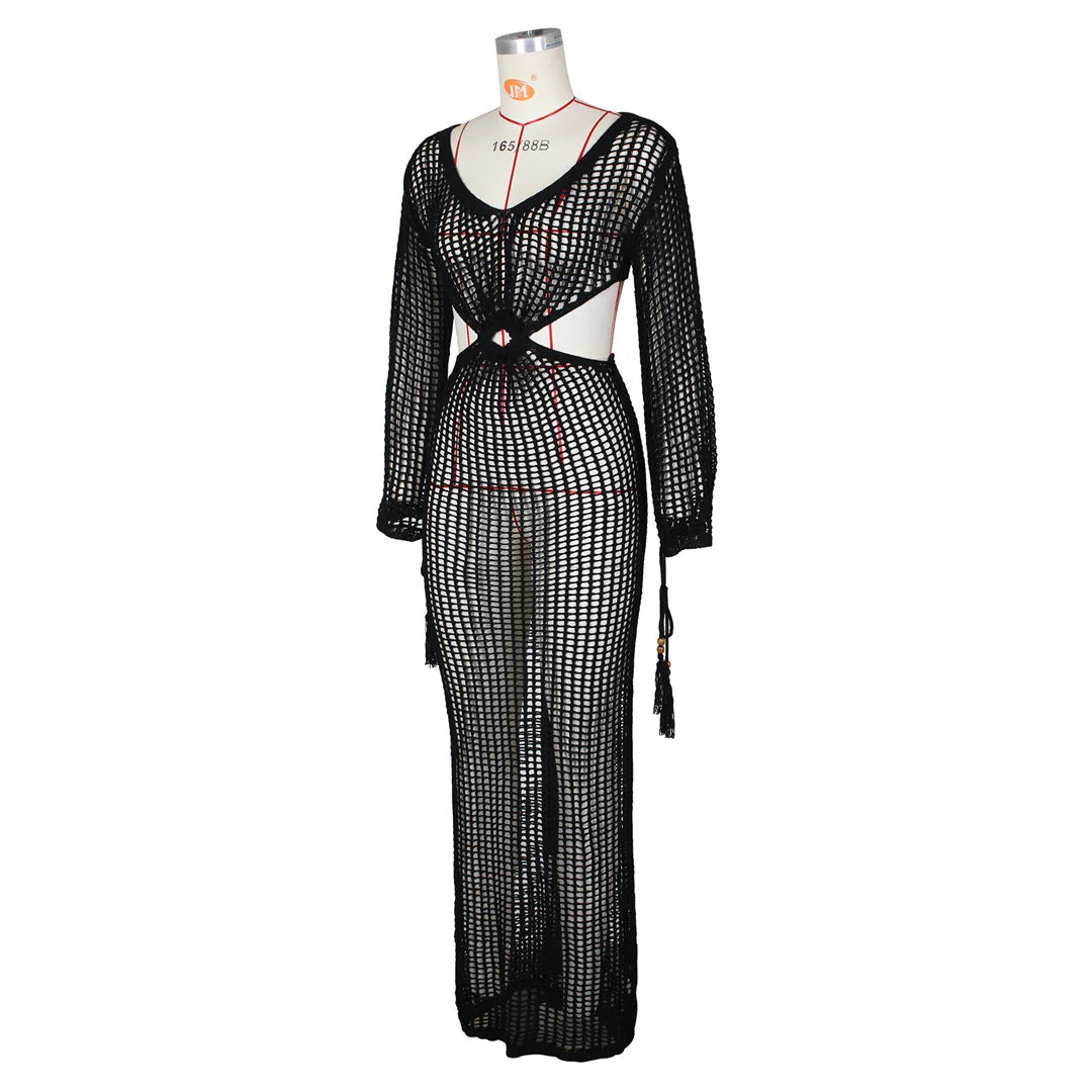 S - XL Long Sleeve Hollow Out Crochet Knitted Tunic Beach Cover Up Cover-ups Beach Dress Beach Wear Beachwear Female Women V5322