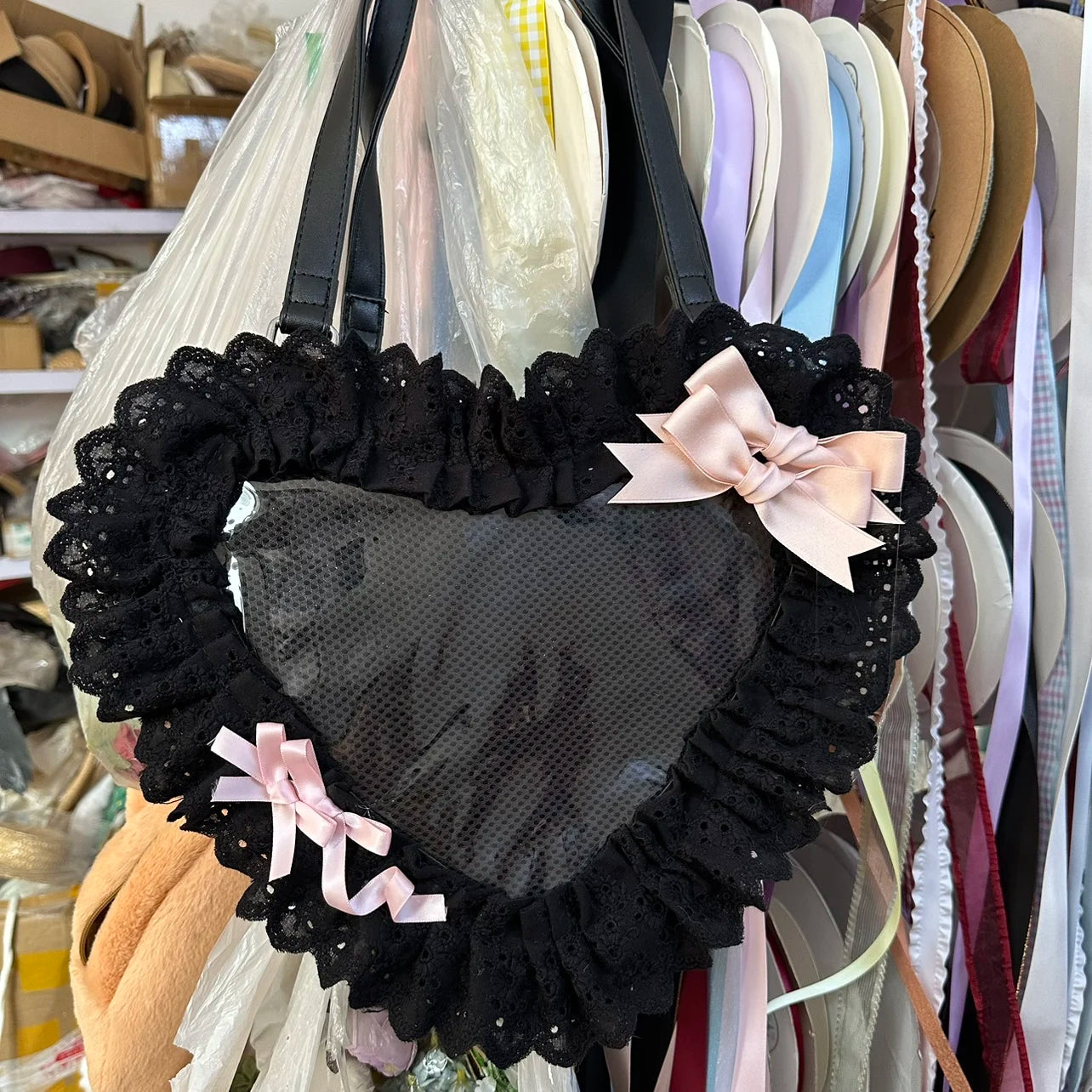 Lolita Handmade Love Heart Lace Flower Cute Shoulder Bag Sweet Girl Students Bow Tote Handbags