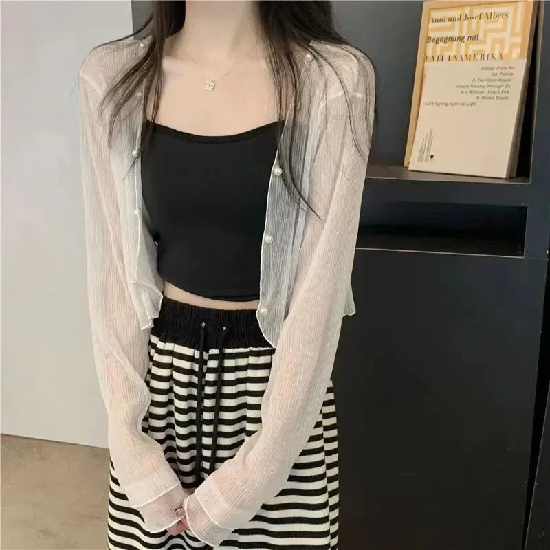 Y2k  White Sun-proof Summer Transparent Short Shirts Female Casual Fashion Thin Shirt Woman Long Sleeve Sun Protection Clothing