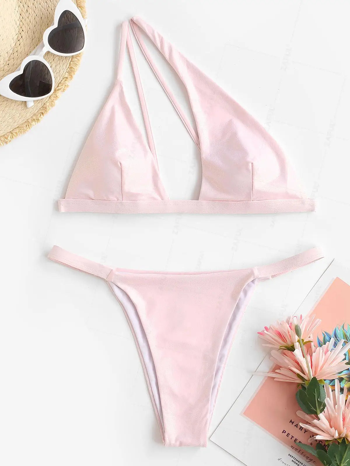 ZAFUL Bikini Set Textured One Shoulder O-ring Swimwear Women Beachwear Bathingsuit Removable Pads Wire Free Bather Swimingsuit