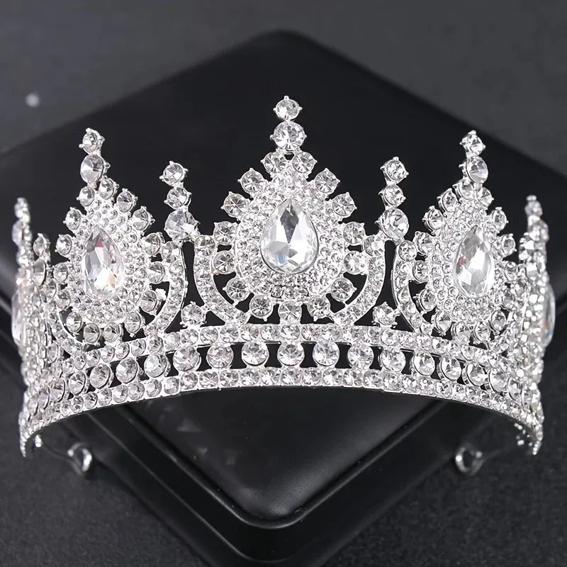 Luxury Silver Color Crystal Pearls Bridal Tiaras Crown Baroque Rhinestone Pageant Diadem Bride Headband Wedding Hair Accessories