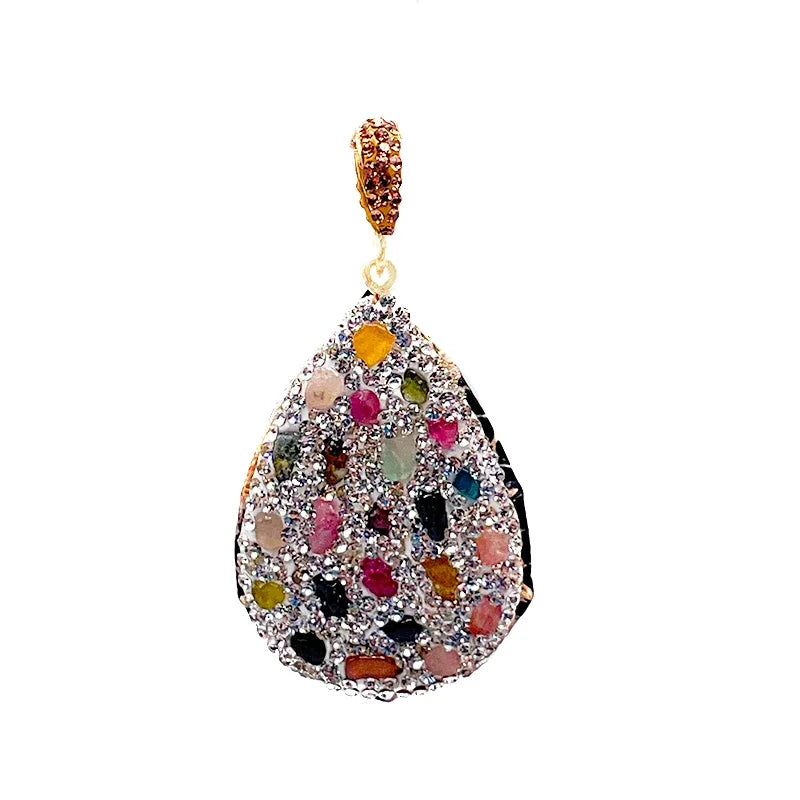 Micro Inlay Irregular Rainbow Tourmaline Pendant Jewelry for Women Girls Necklace Making with Clear Rhinestone